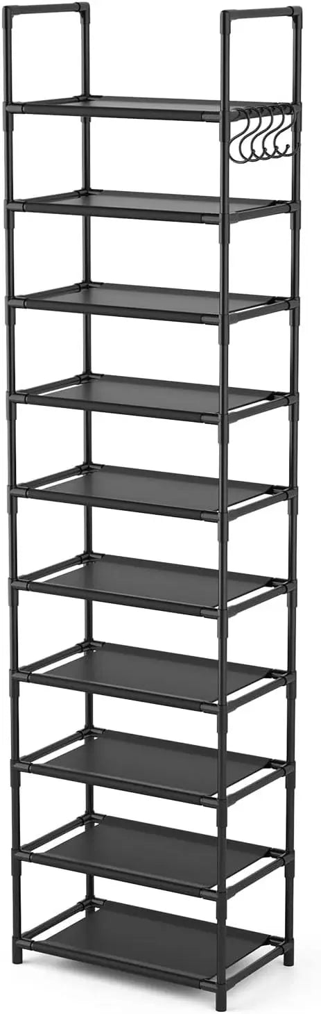 10 Tiers Tall Shoe Rack 20  Pairs Boots Organizer Storage Sturdy Narrow Shoe Shelf for Entryway Closets with Hooks  Black