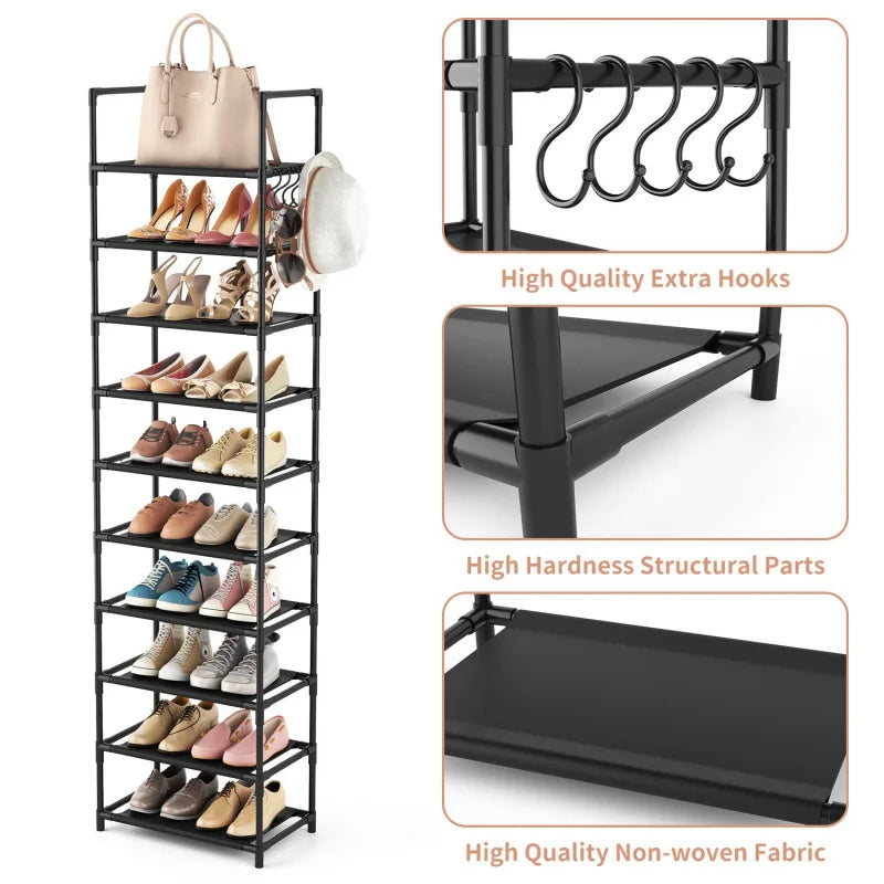 10 Tiers Tall Shoe Rack 20  Pairs Boots Organizer Storage Sturdy Narrow Shoe Shelf for Entryway Closets with Hooks  Black