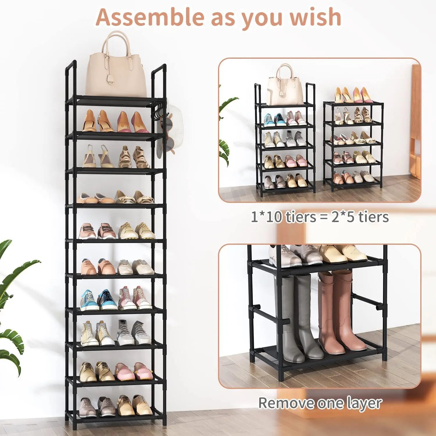 10 Tiers Tall Shoe Rack 20  Pairs Boots Organizer Storage Sturdy Narrow Shoe Shelf for Entryway Closets with Hooks  Black
