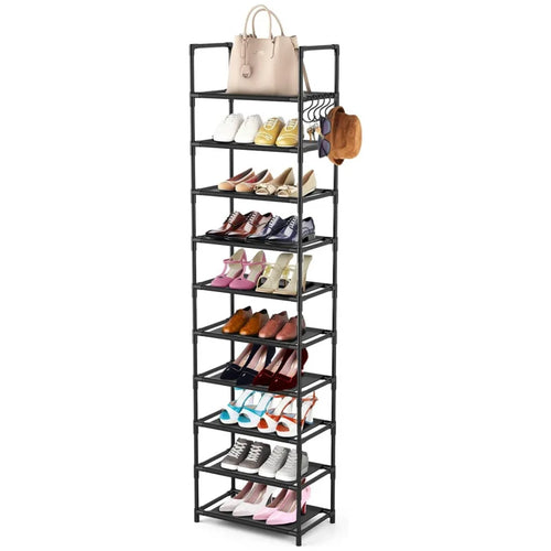 10 Tiers Tall Shoe Rack 20  Pairs Boots Organizer Storage Sturdy Narrow Shoe Shelf for Entryway Closets with Hooks  Black