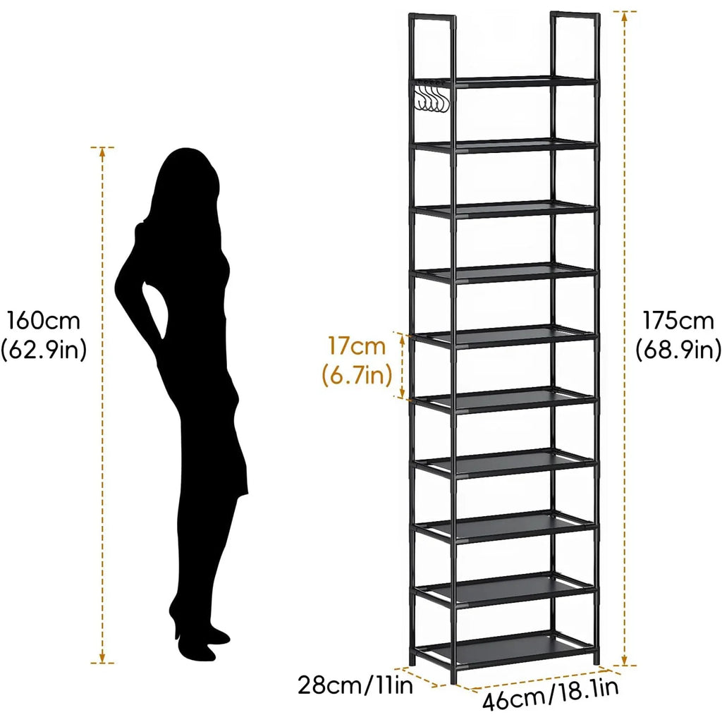 10 Tiers Tall Shoe Rack 20  Pairs Boots Organizer Storage Sturdy Narrow Shoe Shelf for Entryway Closets with Hooks  Black