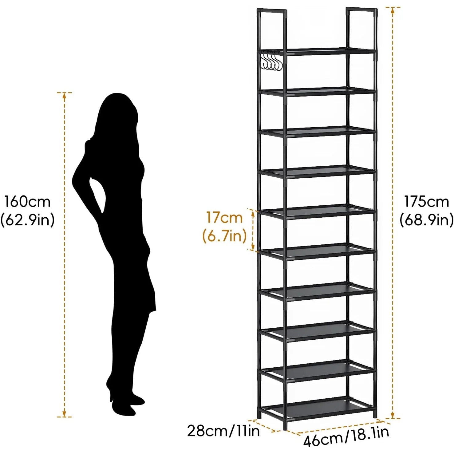 10 Tiers Tall Shoe Rack 20  Pairs Boots Organizer Storage Sturdy Narrow Shoe Shelf for Entryway Closets with Hooks  Black