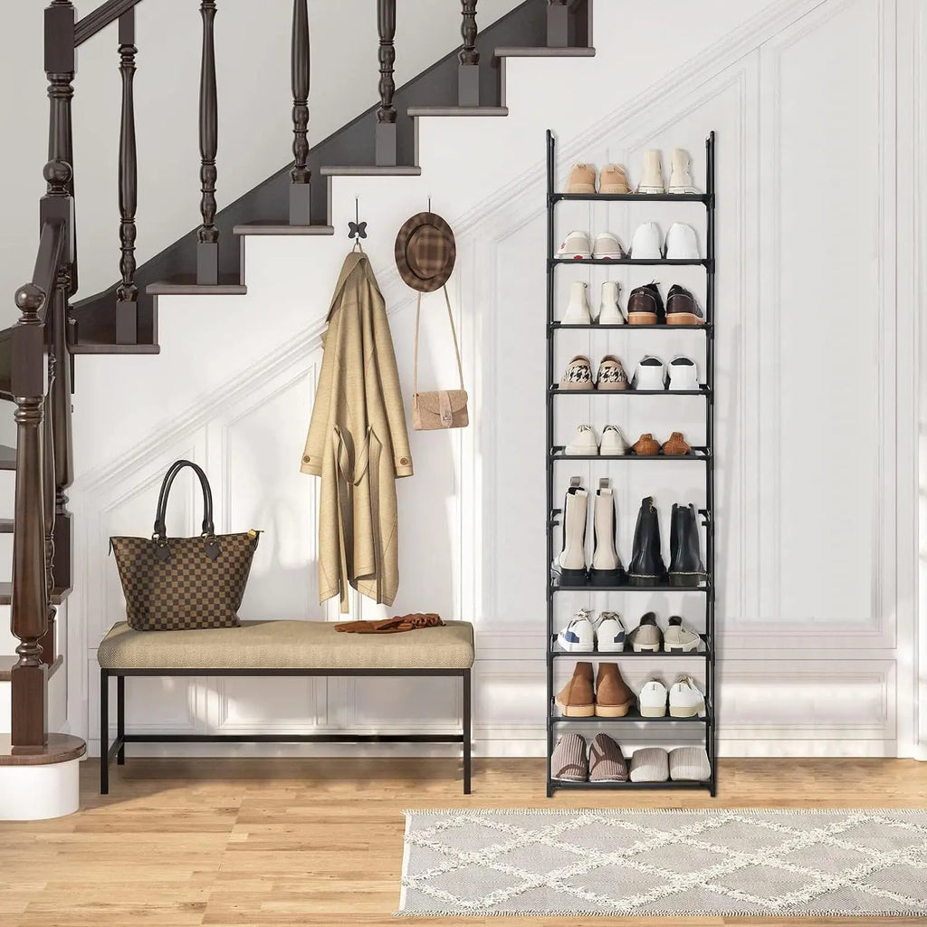 10 Tiers Tall Shoe Rack 20  Pairs Boots Organizer Storage Sturdy Narrow Shoe Shelf for Entryway Closets with Hooks  Black
