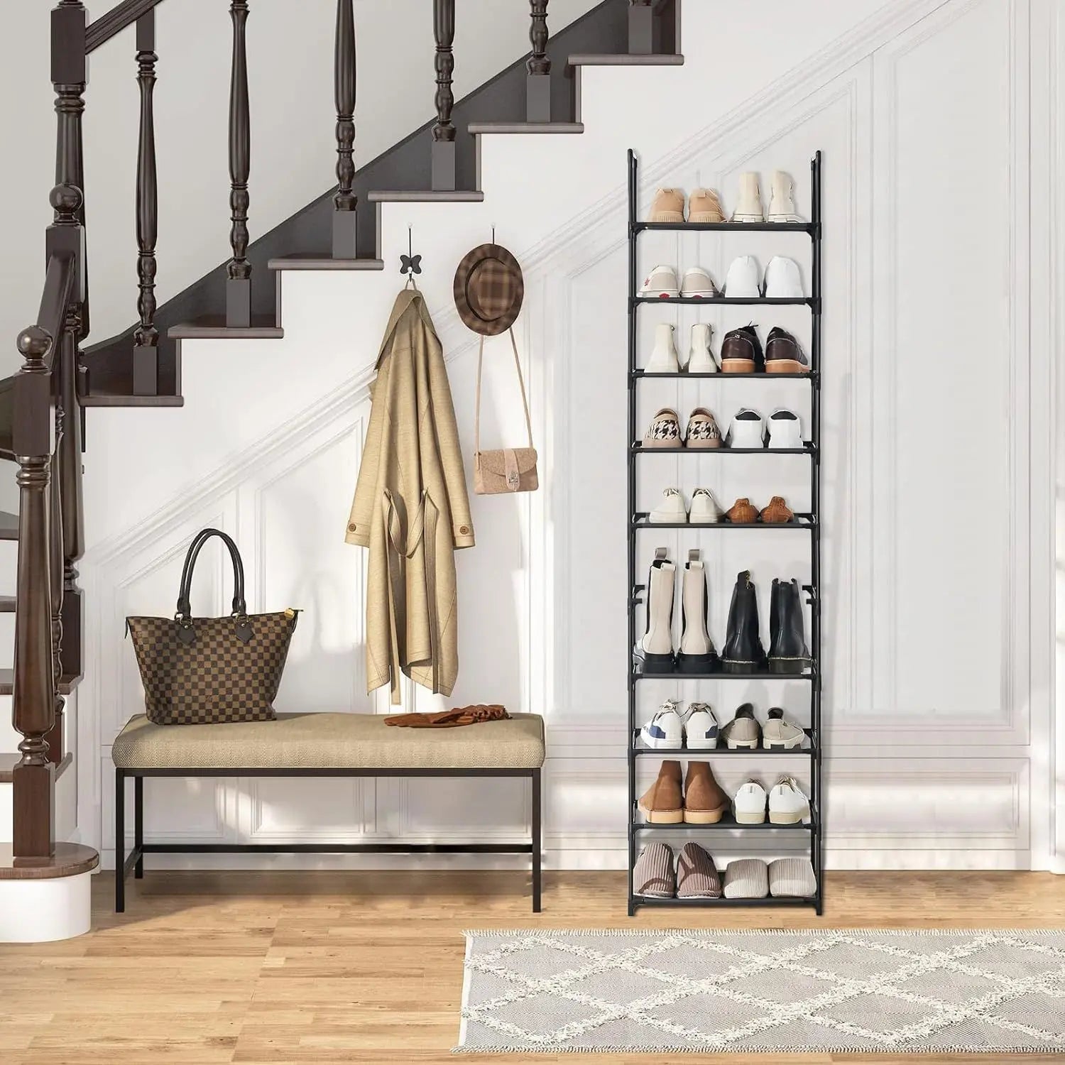 10 Tiers Tall Shoe Rack 20  Pairs Boots Organizer Storage Sturdy Narrow Shoe Shelf for Entryway Closets with Hooks  Black