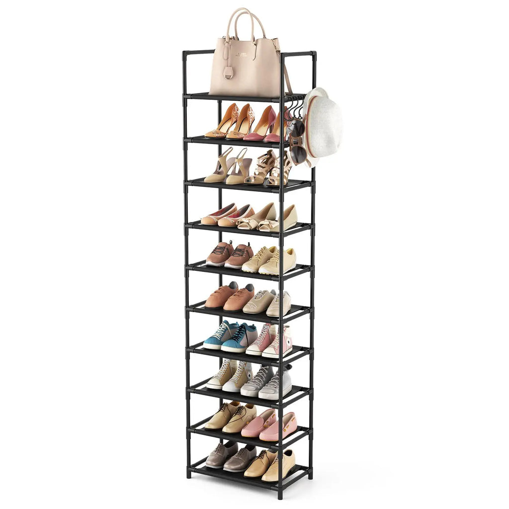 10 Tiers Tall Shoe Rack 20  Pairs Boots Organizer Storage Sturdy Narrow Shoe Shelf for Entryway Closets with Hooks  Black