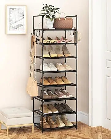 10 Tiers Tall Shoe Rack 20  Pairs Boots Organizer Storage Sturdy Narrow Shoe Shelf for Entryway Closets with Hooks  Black
