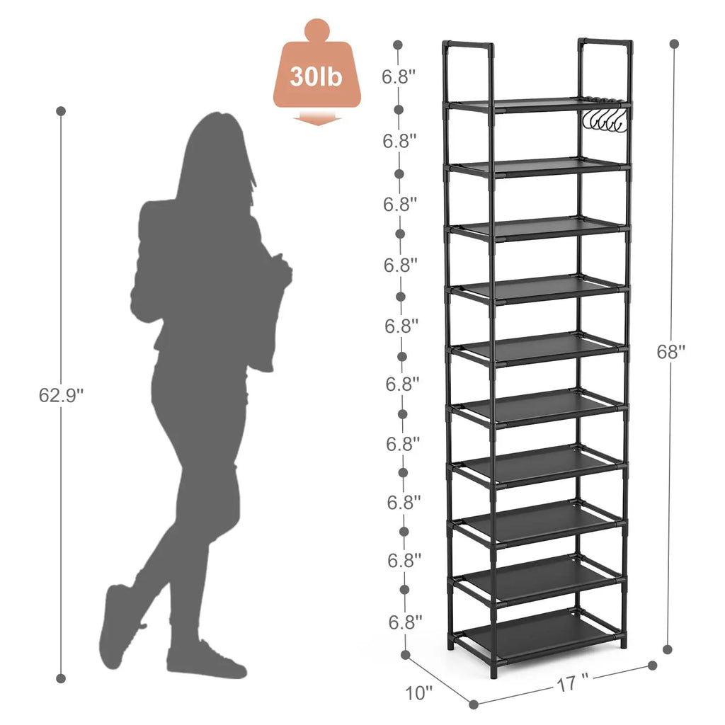 10 Tiers Tall Shoe Rack 20  Pairs Boots Organizer Storage Sturdy Narrow Shoe Shelf for Entryway Closets with Hooks  Black