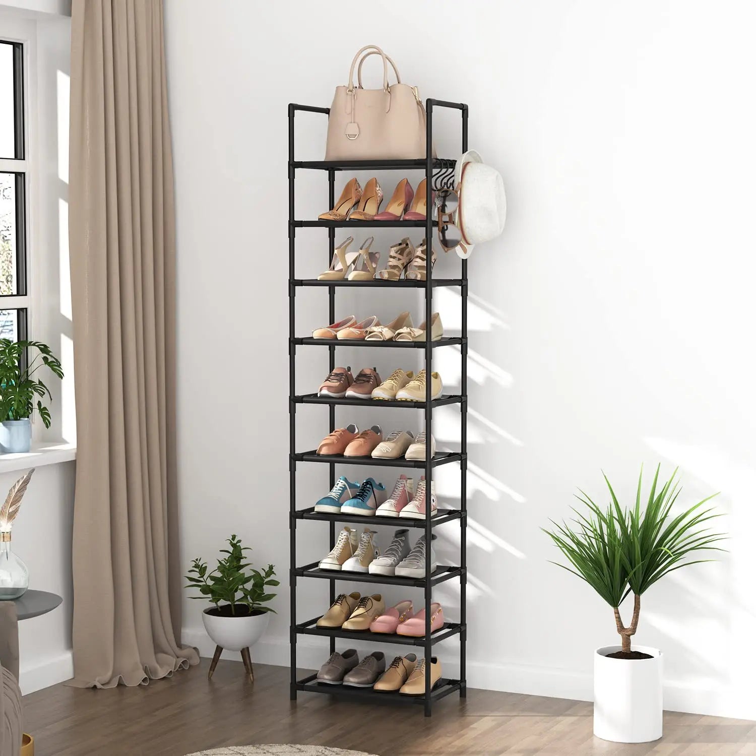 10 Tiers Tall Shoe Rack 20  Pairs Boots Organizer Storage Sturdy Narrow Shoe Shelf for Entryway Closets with Hooks  Black