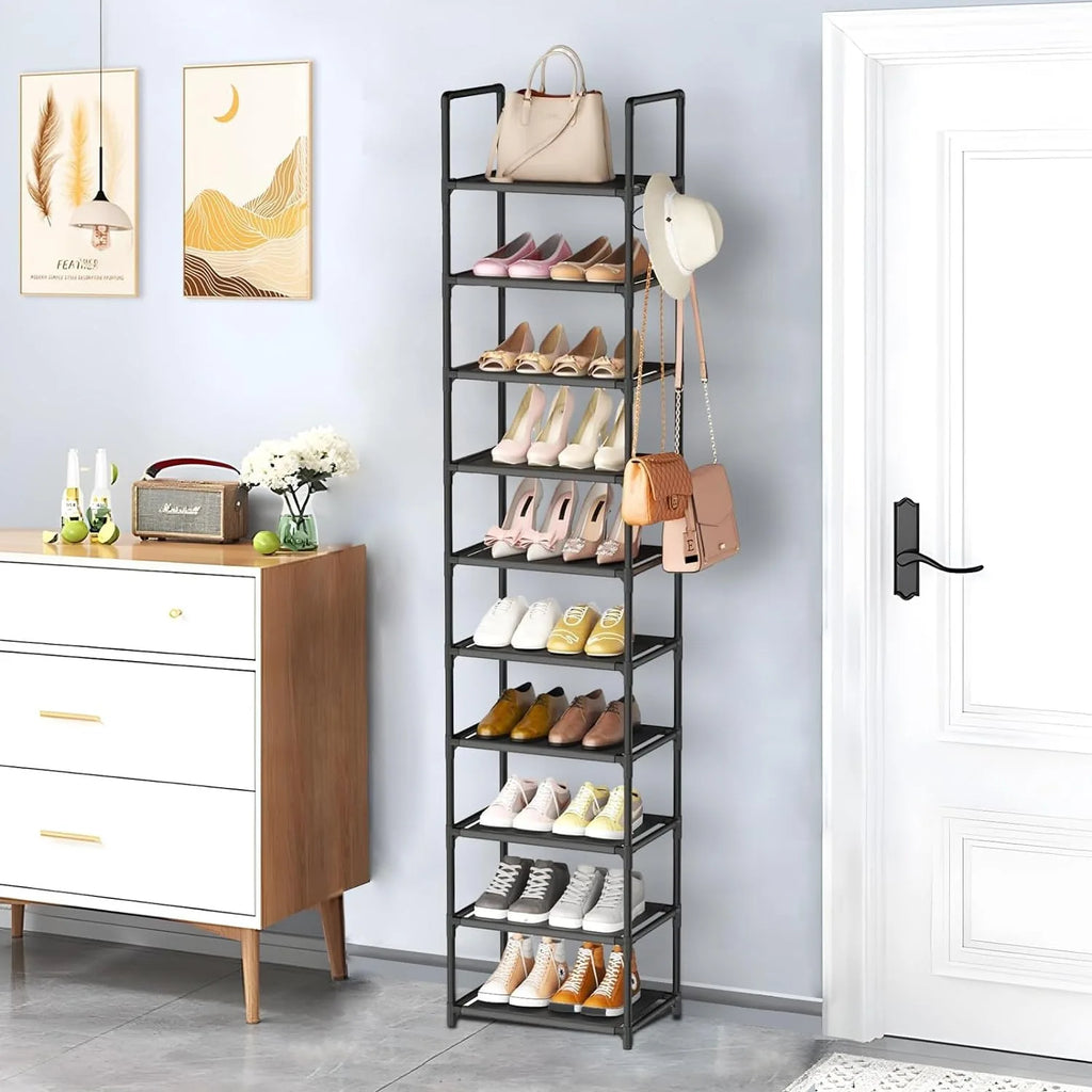 10 Tiers Tall Shoe Rack 20  Pairs Boots Organizer Storage Sturdy Narrow Shoe Shelf for Entryway Closets with Hooks  Black