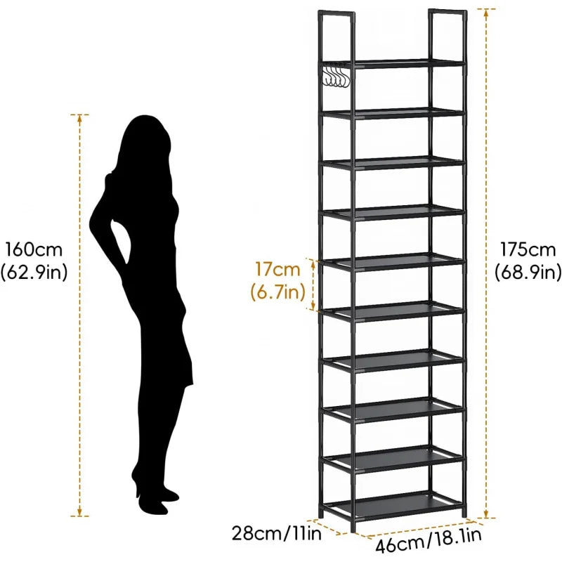 10 Tiers Tall Shoe Rack 20  Pairs Boots Organizer Storage Sturdy Narrow Shoe Shelf for Entryway Closets with Hooks  Black
